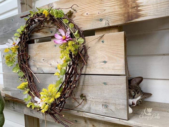 cat relaxing in a cat condo decorated with flower wreaths