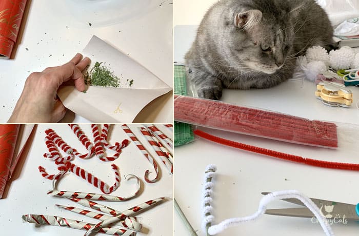 DIY cat toys such as catnip candy canes amde from catnip stems and pipe cleaners